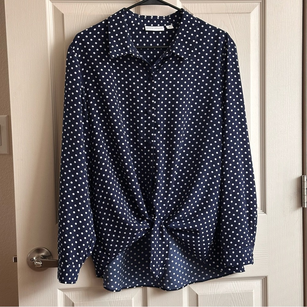 Susan Graver Navy Polka Dot Twist Tie Blouse Women’s Size 16